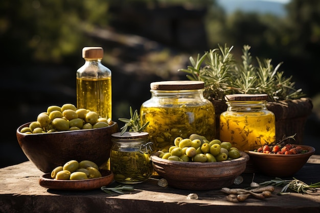 Olivas frescas en la mesa y aceite de oliva en una botella Cosecha de aceitunas