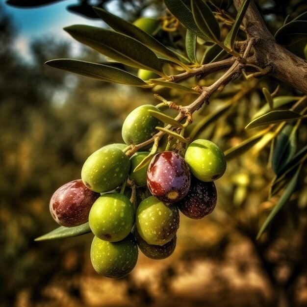 Olivas y hojas en una rama de árbol