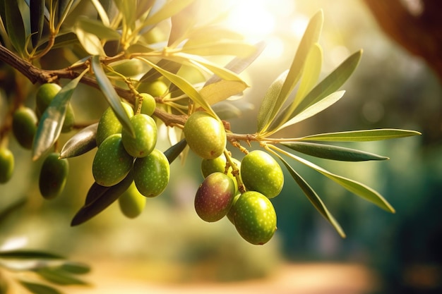 Olivas y hojas en una rama de árbol