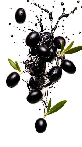 Olivas negras que caen en el aceite de oliva con una salpicadura aislada en el espacio de copia de fondo blanco