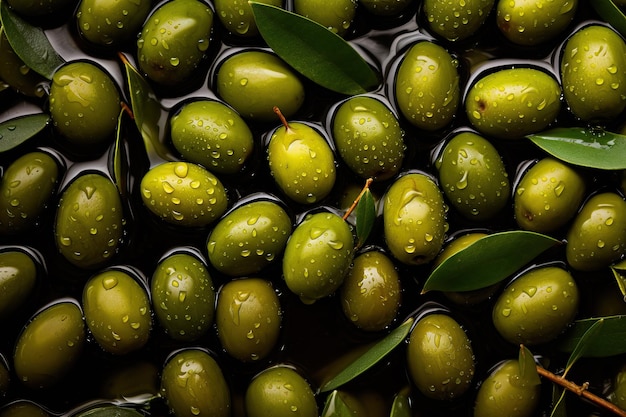 Olivas verdes frescas con gotas de aceite de hermosa textura