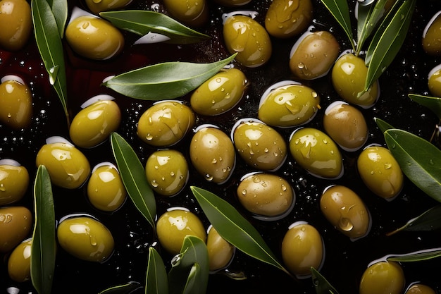 Olivas verdes frescas con gotas de aceite de hermosa textura