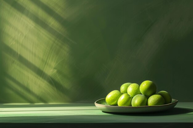 Olivas verdes frescas en una habitación iluminada por el sol con sombras bailando en la pared