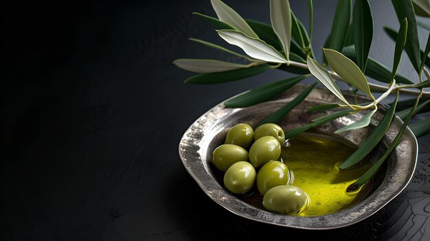 Olivas verdes frescas y rama de olivo en un cuenco de metal rústico alimentos orgánicos concepto de alimentación saludable ingrediente de la cocina mediterránea IA