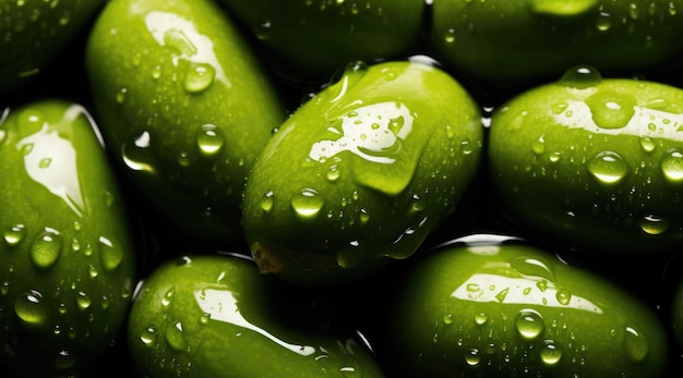 Olivas verdes con gotas de agua