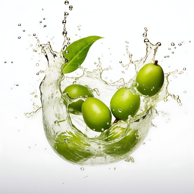 Olive mit Wasserspritzen auf weißem Hintergrund