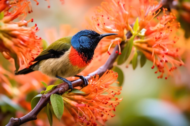 Olivebacked sunbird Nymphalidae empoleirado em flores de laranjeira