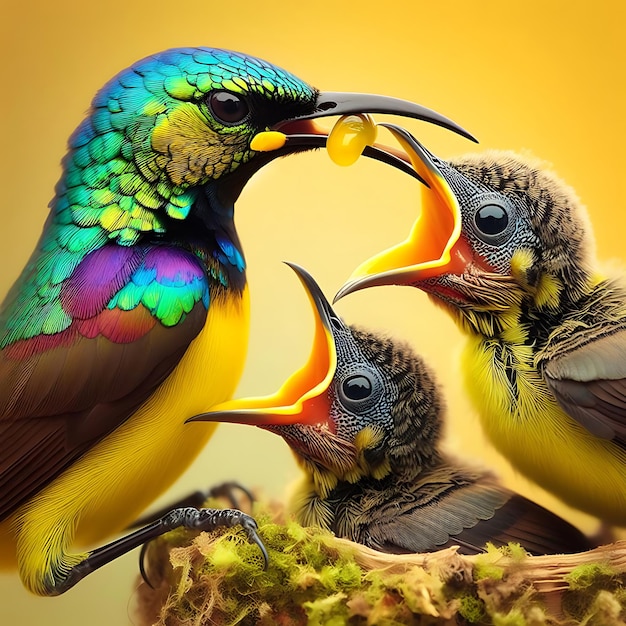 OliveBacked Sunbirds füttern das von ai erzeugte Kind