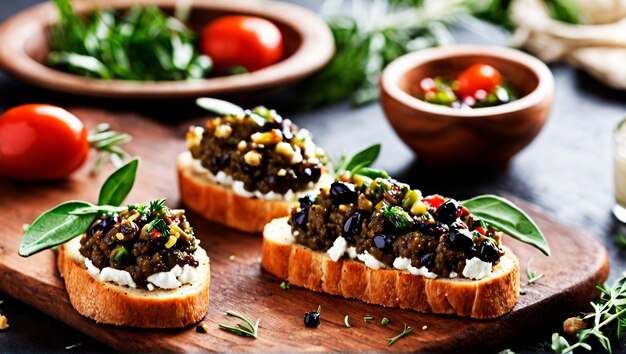 Foto oliven-tapenade mit zauberkäse auf bruschetta