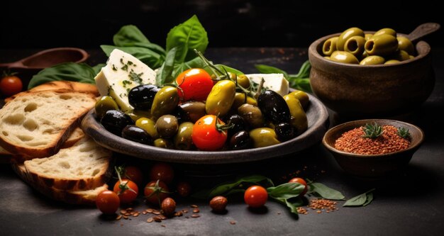 Foto oliven, tomaten, brot und kräuter auf schwarzem hintergrund