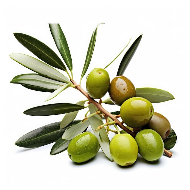 Oliven und Blätter auf einem Baumzweig