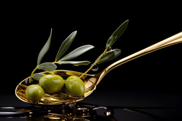 Oliven und Olivenöl in einem großen Löffel Olivenöl inmitten eines Olivenzweigs Generative KI-Illustration