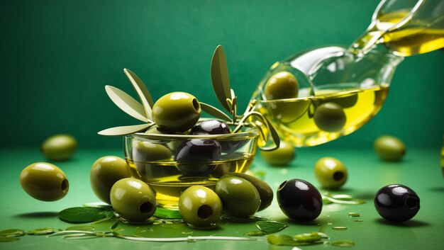 Foto oliven und olivenöl schwimmen auf grünem hintergrund