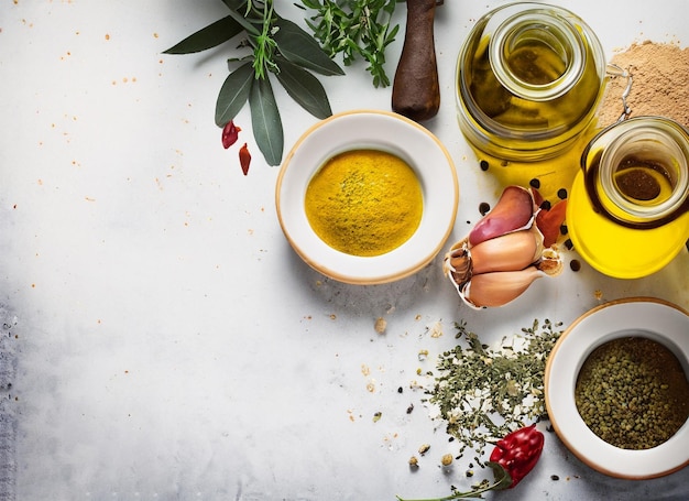 Olivenöl Gewürze und Kräuter auf weißem Hintergrund Top View generiert von KI