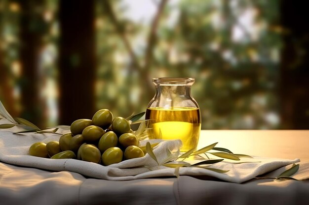 Olivenöl in einem kleinen Krug mit Oliven und einem Zweig des Olivenbaums mit weichem Schatten