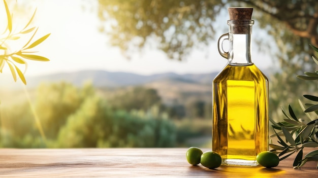 Olivenöl in einer Glasflasche auf einem Holztisch mit Olivenbäumen unter der morgendlichen Sonne grüne Oliven