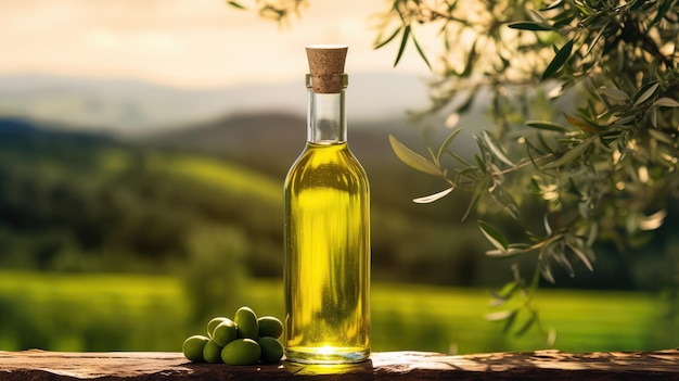 Olivenöl in einer Glasflasche auf einem Holztisch mit Olivenbäumen unter der morgendlichen Sonne grüne Oliven