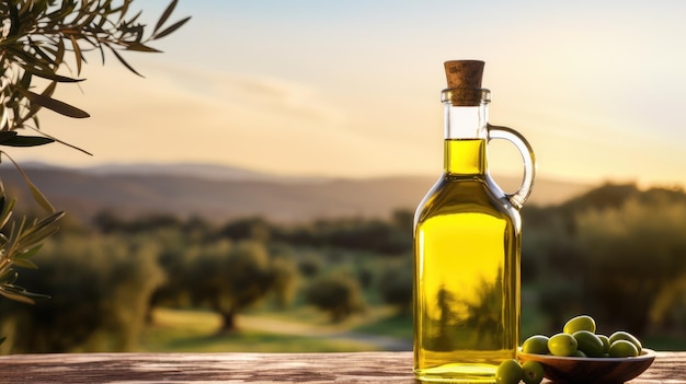 Olivenöl in einer Glasflasche auf einem Holztisch mit Olivenbäumen unter der morgendlichen Sonne grüne Oliven