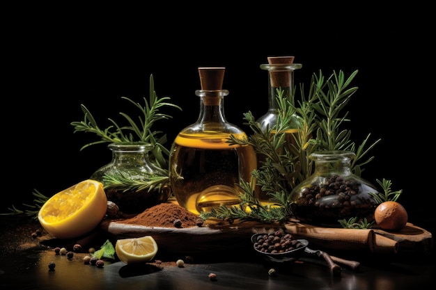 Olivenöl, Kräuter und Gewürze auf schwarzem Hintergrund