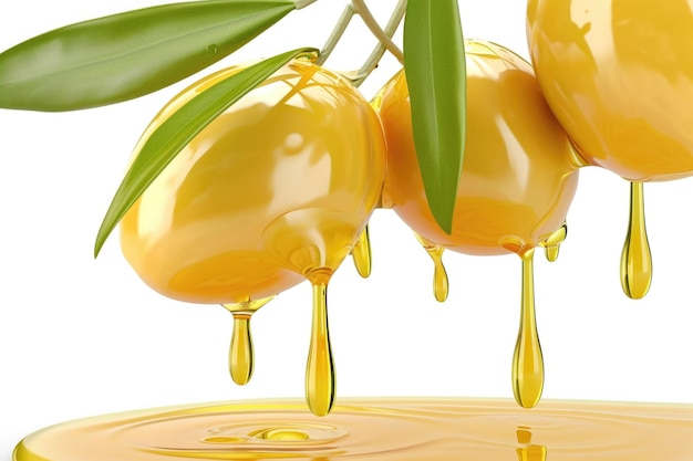 Olivenöl tropft aus isolierten Früchten auf weißem Hintergrund