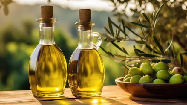 Olivenöl und Oliven auf dem Tisch an einem sonnigen Tag