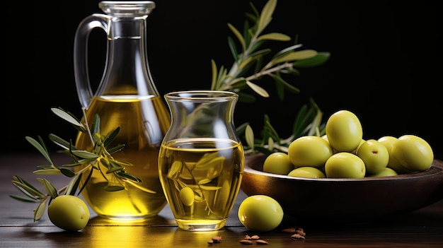 Olivenöl und Oliven auf dunklem Hintergrund