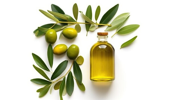 Olivenöl und Olivenzweig auf weißem Hintergrund Top-View-Kopierraum Generative KI
