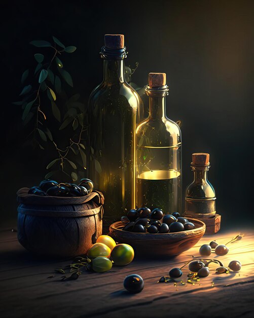 Olivenölkrüge mit Oliven und Öl in Flaschen