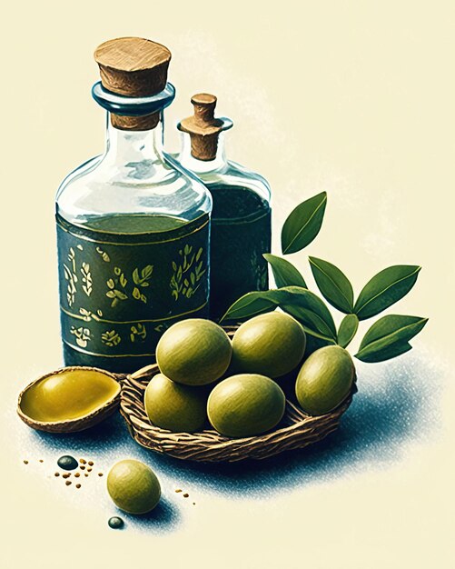 Foto olivenölkrüge mit oliven und öl in flaschen
