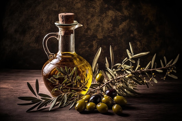 Olivenzweig und Öl auf einem Holztisch