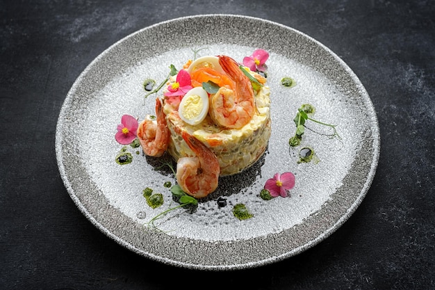 Olivier-Salat mit Garnelen und Lachs auf einem Teller