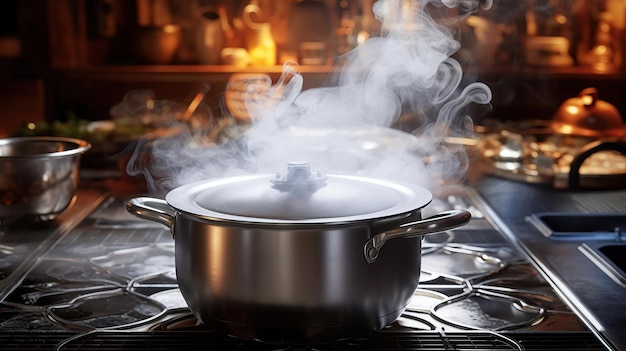 Foto una olla de acero inoxidable emite vapor que se eleva dentro de la cocina