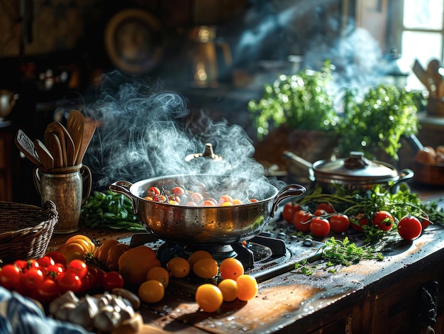 Foto una olla de acero inoxidable en una estufa de gas con vapor girando por encima en un entorno de cocina doméstica