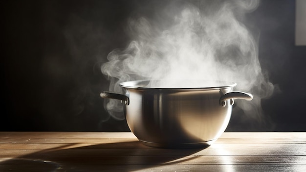 Una olla de agua hirviendo está sobre una mesa de madera.