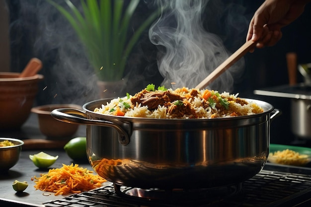 La olla al vapor de Biriyani se está preparando en la cocina