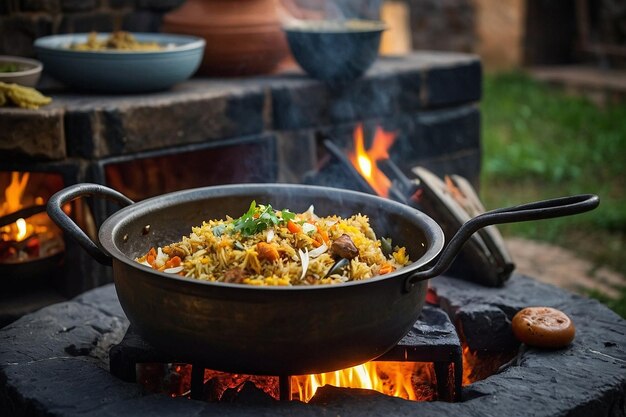 Una olla de biriyani cocinando en una estufa de carbón de piedra