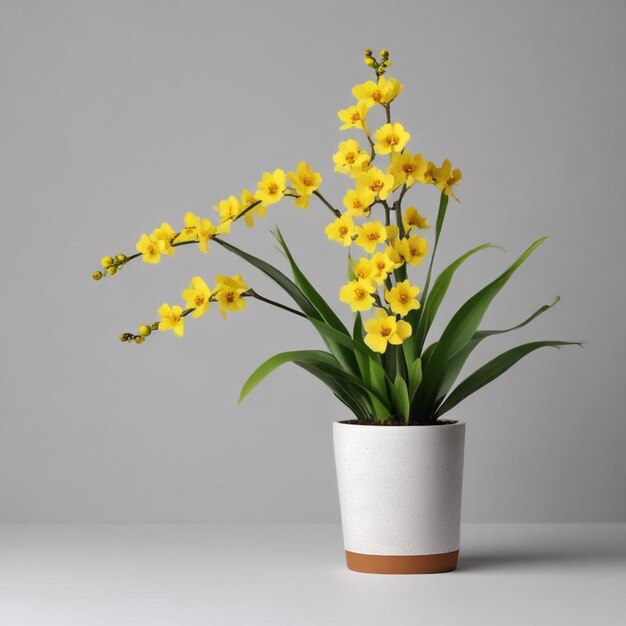 una olla blanca con flores amarillas y un fondo blanco