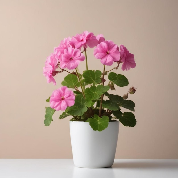 una olla blanca con flores rosas en una mesa