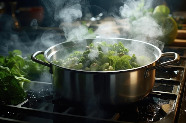 Foto una olla de brócoli está hirviendo en la estufa esta imagen se puede usar para mostrar recetas de cocina saludable o vegetariana