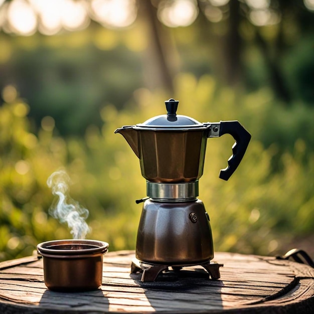 Foto una olla de café en una mesa con una taza de café y un tazón de té