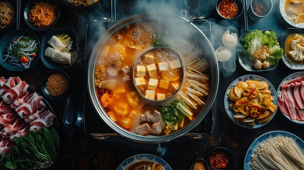 Una olla caliente burbujeante en el centro de la mesa rodeada de platos de carnes crudas verduras tofu y fideos