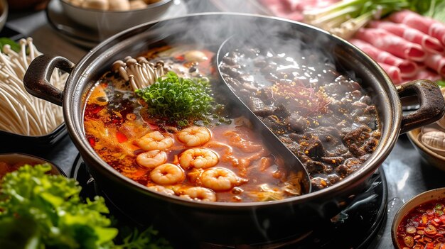 Una olla caliente de Sichuan hirviendo con un caldo aromático picante en una olla dividida rodeada por una diversa selección de carnes crudas y mariscos