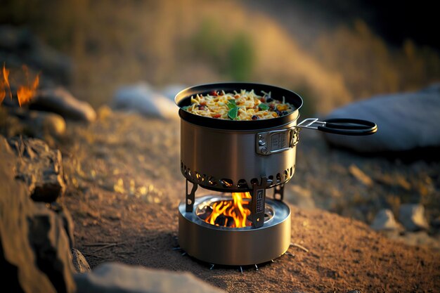 Olla de camping con olla de acero en quemador de gas sobre fondo borroso