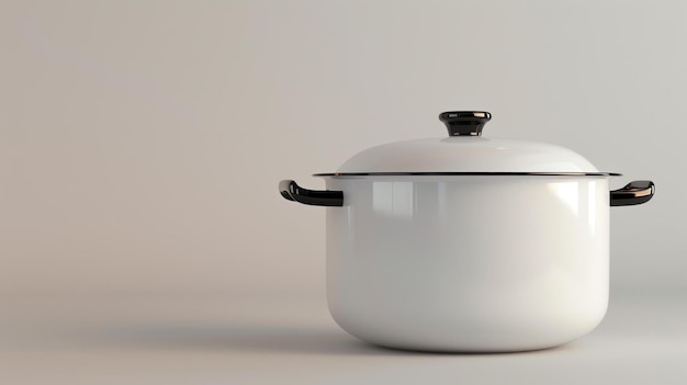 Una olla de cocina blanca simple y elegante con un mango y un botón negros está sentada en una superficie blanca contra un fondo gris pálido