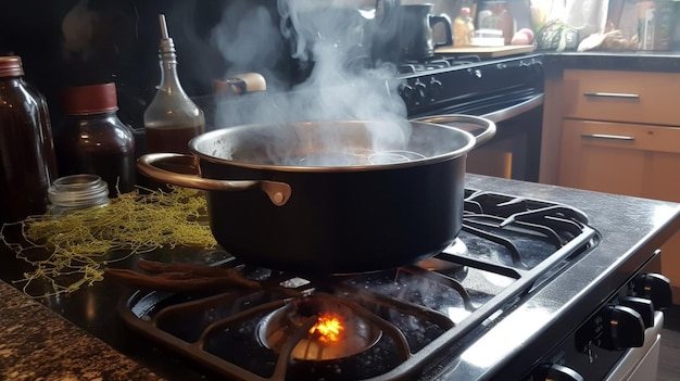 Una olla de comida en una estufa de gas de la que sale humo.