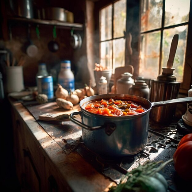 una olla de comida en una mesa con una olla de verduras.