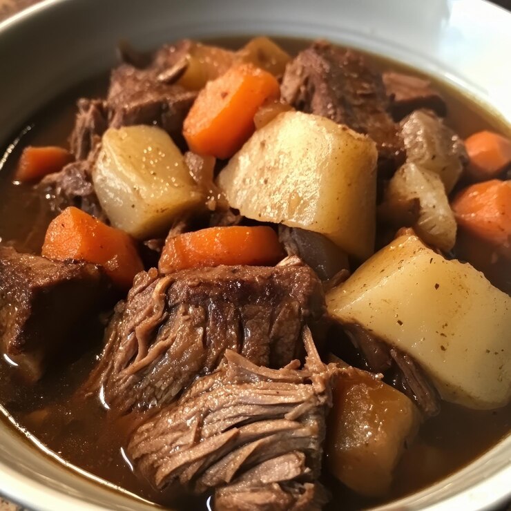 una olla de estofado con patatas zanahorias y patatas