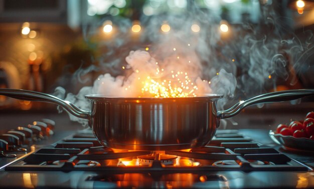 La olla en la estufa de la cocina