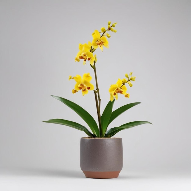 Foto una olla con flores amarillas en ella y un fondo blanco