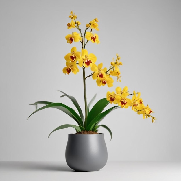 una olla con flores amarillas en ella y una planta en ella